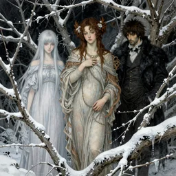 trio of winter spirits, style mix of æon flux, shepard fairey, botticelli, john singer sargent, pre - raphaelite, shoujo manga, branches, snow, ice, dark muted colors, superfine ink detail, ethereal, 4 k photorealistic, arnold render
