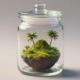 a tiny realistic hawaiian island inside a glass jar with a lid, sharp focus, photography, unreal engine, trending on artstation, photorealistic, octane, trending on deviantart, unreal engine