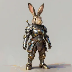 ultra realist soft painting of a single steampunk rabbit warrior, very intricate details, rainbow lighting, reflectioons, refractions, symmetry accurate anatomy features, unreal render