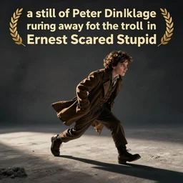 “a still of Peter Dinklage running away from the troll in Ernest Scared Stupid”