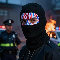 high fashion robber wearing black balaclava!!!!!, balaclava, red and blue zebra facepaint face paint, psychedelic color theme, moody, hyper realistic portrait of burning police officer, made by tristan eaton