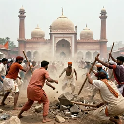 a violent dramatic scene of hindu nationalists demolishing babri masjid with sticks and stones, 1 9 9 2, by alex webb, by gregory crewdson, shot on large format film, 3 5 mm film, grainy, cinematic composition, beautiful volumetric lighting, no frames