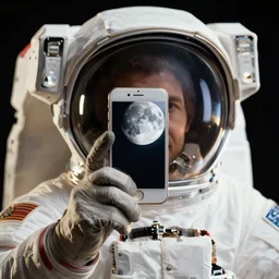 extremely detailed studio portrait of space astronaut, holds an iphone in one hand, iphone held up to visor, reflection of iphone in visor, moon, extreme close shot, soft light, golden glow, award winning photo by david lachapelle