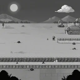 landscape in the style of onebit adventure, gray scale