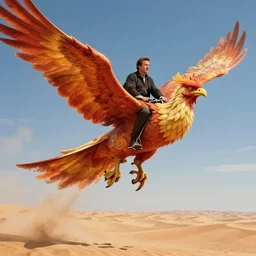 arnold schwarzenegger riding a giant flying phoenix in the desert, cinematic shot, digital illustration, art by greg rutkowski, epic, fantasy, amazing detail, intricate
