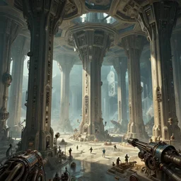 the depths of a vast artificial world with massive towering pillars holding the ceiling of the incredibly geometric, hexagon filled landscape up with machinery dwarfed by the environment and energetic beings patrolling, extreme depth, wayne barlowe, m. c escher and salvador dali collaboration, abyss, colossal hovering machine automations of brutalist design visible in the foreground