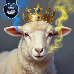 a painting of a lamb's face with blue and yellow smoke coming out of, wearing an ornate crown, a digital painting by petros afshar, behance contest winner, digital art, behance hd, digital illustration, digital painting