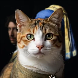 close up portrait of one calico cat by vermeer and raphael. black background, three - point lighting, enchanting, realistic features, realistic proportions, centered, trending on artstation.