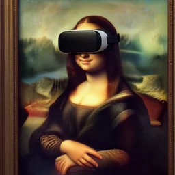 the mona lisa wearing a vr headset, painting