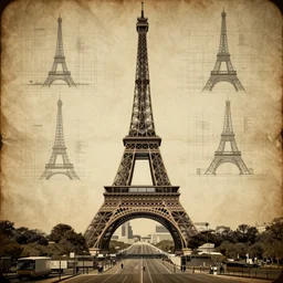 alternative cyberpunk designs for the eiffel tower, line drawing, schematic, plans, old yellowed paper
