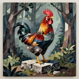 rooster standing on stone in forest, cubism style, by picasso