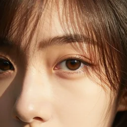 gentle face with hair over the eye and strong sunlight going trough the hair, photorealistic digital art in warm colors and photography lightening, rembrandt eyes definition