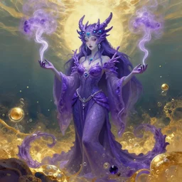 liquified amethyst smoke dragon priestess, underwater bubbly golden scenery, stylized fantasy portrait by artgerm, peter mohrbacher, artstation