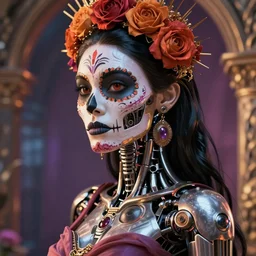 beautiful female android! deity, ( mechanical ), intricate detailed environment, global illumination, cinematic, ( el dia los muertos ), smooth, blade runner, photorealism, hd, 8 k, beautiful, cinematic, art by moebius and rutkowski and artgerm and mucha and loish and wlop