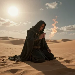 a lonely but powerful magic necromancer kneeling on the sand of a mercyless desert, flickering air, hot sun from above, clouds in the sky, the feeling of dread and existential terror, style of peter mohrbacher, octane render, unreal engine, 8k high definition