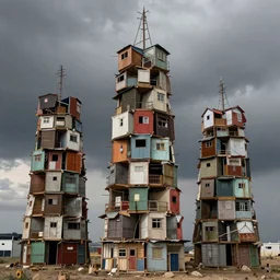 three towers, made up of makeshift squatter shacks with vintage colours, dystopia, hasselblad x 1 d, moody sky at the back, fully frontal view, very detailed, ultra sharp, photographed by jeanette hagglund