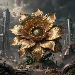 giant grotesque flower in the middle of abandoned alien cityscape, ultradetailed by Giuseppe Arcimboldo and Josan Gonzalez