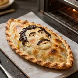 al capone as a calzone being turned into a calzone as a calzone but still with the face of al capone being baked in an oven as a calzone, realistic, hyperrealistic, ultra realistic, real, real world, highly detailed, very detailed, extremely detailed, intricate details, 8 k resolution, hd quality