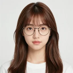 dslr photo of a fair skinned korean girl with brown long hair and cute round face wearing a round glasses and a simple modern clothing, real photo, real photography, half - body picture, highly detailed facial feature, brown eyes, intricate, 8 k