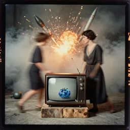 kodak portra 4 0 0, wetplate, vintage television, muted colours, blueberry, 1 9 2 0 s style, motion blur, portrait photo of a backdrop, explosions, rockets, bombs, concrete, wood, fog, by georges melies and by britt marling