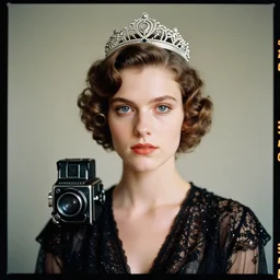 kodak portra 4 0 0, 8 k, highly detailed, britt marling style 3 / 4 photographic close, medium format, press award winning portrait of a handsome girl with a silver crown, up face with 1 9 2 0 s hairstyle, 1 9 2 0 s clothing style, asymmetrical, hasselblad x 1 d - 5 0 c, 1 0 0 mm f 1. 8, soft light