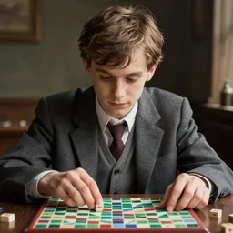 stunning head and shoulders portrait of young alan turing playing scrabble, harsh realism, digital art by rob gonsalves, still from studio ghibli
