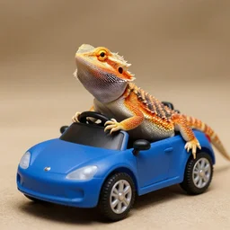 dslr portrait still of a bearded dragon driving a little toy car, 8 k 8 5 mm f 1. 4