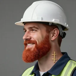 red bearded engineer with gold cross on neck, smiley profile, high detailed