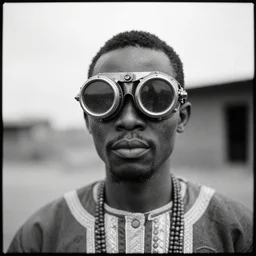an analogue photo of an Tribal Igbo man wearing mecha steam punk goggles, black & white, 35mm, f/1.4,