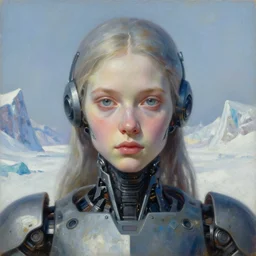 holy young female battle robot award winning closeup portrait bust symmetry faded tetrachromacy colors arctic background tim hildebrandt wayne barlowe bruce pennington donato giancola larry elmore masterpiece trending on artstation cinematic composition beautiful lighting hyper detailed!!! 8 k oil on canvas