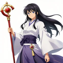 a beautiful manga character wizard with free flowing hair holding a staff that has a glowing blue orb at the head of it emanating brilliant blue light, high detail, high resolution