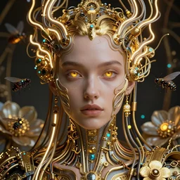 very beautiful woman integrating with technology, full face frontal centered, portrait, insipiring, detailed intricate ornate neon pulsating cables connected to head, golden big eyes, luxurious detailed abundent wiring and implants, gold, renaissance, sci - fi, detailed technology background with cyber flowers and insects, dramatic lighting, photography, highly detailed, artstation, 8 k,