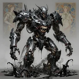 dreamland of chinese, ghost, sharp, slender and densely arranged teeth, dystopian, cyberpunk, mould disintegrating into black dripping ink and slime, nanotech demonic monster horror, mecha, ominous, flowing mucus, intricate, studio, art by anthony macbain + greg rutkowski + alphonse mucha, concept art, 4 k, sharp focus