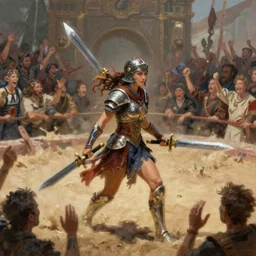 a female gladiator carrying two greatswords, sand pit, cheering crowds, fantasy painting by wlop and mobius