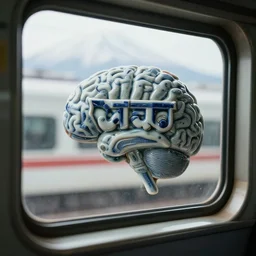 fuji gfx, closeup, shinkansen window view ; beautiful hyperrealistic film still from devanagari movie new scene directed by tati in style of 1 9 9 0 s frontiers in miniature porcelain kintsugu macro design magazine seinen manga edition, real - life of porcelain sci - fi font brain sign, highly detailed