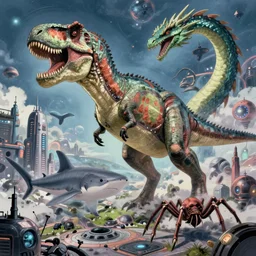 t - rex, goblinshark, dragon, quetzalcoatl, and spider hybrid giant serpentine kaiju! destroyed futuristic city on alien world! surreal art, semi realistic anime, h. r. giger, zdzisław beksinski, studio ghibli, makoto shinkai, cinematic, award winning illustration, masterpiece, trending on pixiv, 8 k