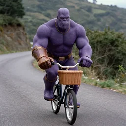 film still of purple thanos with gauntlet as brand riding a very small bicycle with a basket down a steep mountain road in the goonies 1 9 8 5
