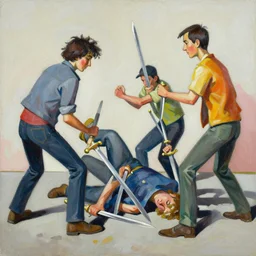 greg manchess portrait people stumbling over swords falling on the ground, profile picture, organic painting, sunny day, matte painting, bold shapes, hard edges, street art, trending on artstation, by huang guangjian, gil elvgren, ruan jia, randy vargas, greg rutkowski