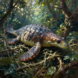 plesiosaur, ancient marine reptile, tangled in jungle bramble, ensnared in vines, oil painting, dappled light, global illumination