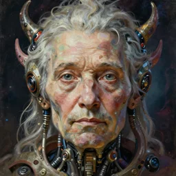 a beautiful painting of a portrait of organic old cyborg by other planet, front close - up, maximalist, front, single character, symetrical close up, octane render, micro details, by peter mohrbacher, zaha hadi