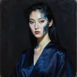 hyperrealism oil painting, complete darkness, close - up portrait of fashion model, some part of face are sci fi implants, fully clothes in dark blue reflect robe, in style of classicism mixed with 8 0 s sci - fi japanese books art