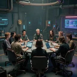 a group of people sitting around a table in a room, cyberpunk art by rube goldberg, cgsociety, beeple, computer art, dystopian art, reimagined by industrial light and magic, concept art