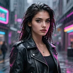 stylish woman cartoon portrait made out of rain, leather jacket, cyberpunk background, rendered in octane, unreal engine, highly detailed, trending on artstation, realistic, splashes of neon, beautiful