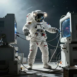 astronaut entangled by a lot of cables connected to a supercomputer designed by Dieter Rams, cinematic lighting, haze, octane render, lens flare, 2001 a space odissey