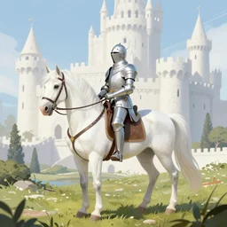 fantasy character illustration of a white knight on a white horse, white castle in the background, trending on artstation, digital art ( by anna steinbauer ) ( by victor adame ) ( by jesper ejsing )
