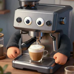 monster coffee machine with hands and eyes drink cappuccino, 8 k, details, artstation trends, cyberpunk concept art
