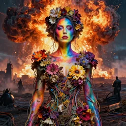 A portrait of a woman wearing clothes made out of dying flowers, nuclear explosion in the background, Masterpiece, rainbow colored skin, vibrant, glowing, wires everywhere, by Edgar Maxence and Ross Tran, Zdzisław Beksiński, and Michael Whelan, distant, gustav dore, H.R. Giger, 8k, octane render