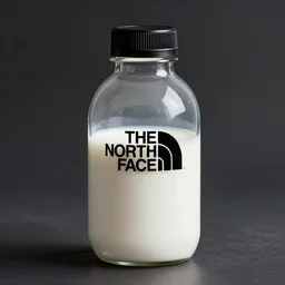 the north face transparent bottle filled with milk, round bottle, black top, concept art, matte, sharp focus, illustration, art by aenaluck, artgerm, modern