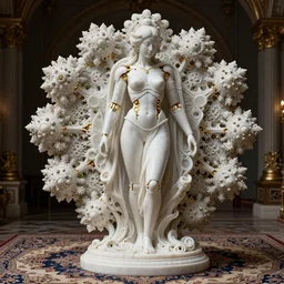 A carved white marble female biomechanical sculpture, persian rug, mandelbulb 3D fractal, trending on artstation,subtle gold accents, beautifully lit, by zdzislaw beksinski, tsutomu nihei, peter mohrbacher, hyper detailed, insane, details, intricate, elite, ornate, elegant, luxury, dramatic lighting, CGsociety, hypermaximalist,golden ratio, environmental key art, octane render, weta digital, micro details, structure, ray trace, 4k, epic