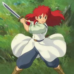 a warrior with long red hair quickly swinging her sword in a full arc, anime, studio ghibli